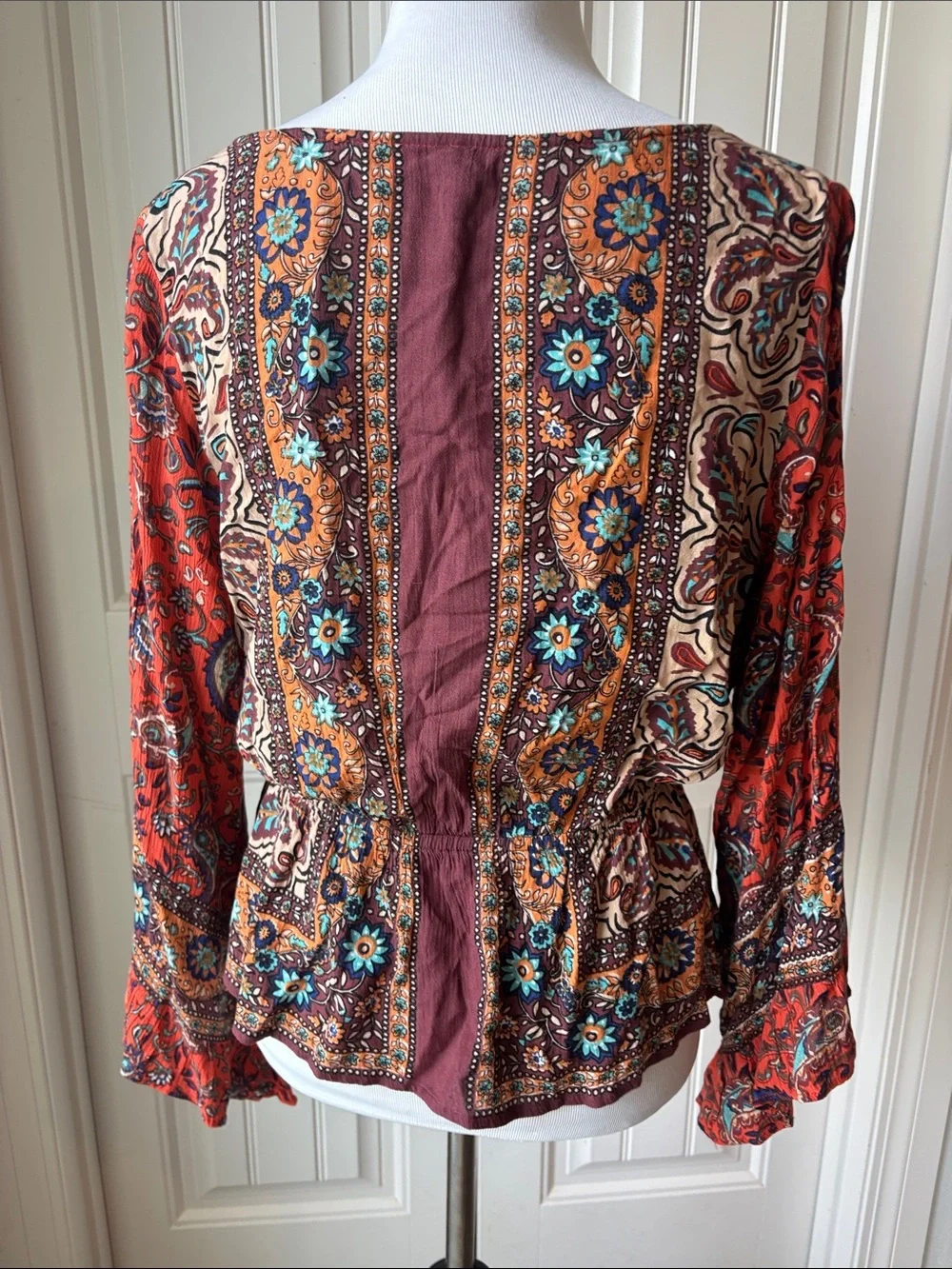 🩷 Free People Multi‑Color Floral Patterned Blouse with Rust & Orange Accents